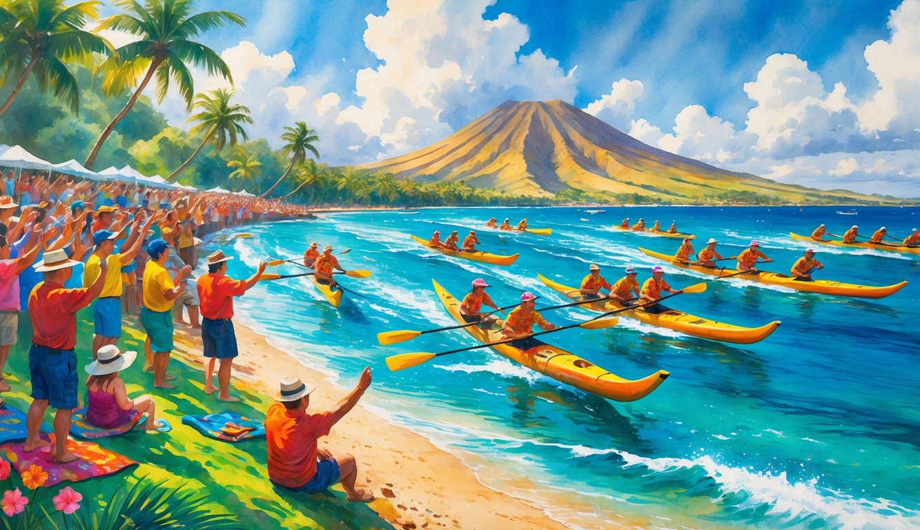 People watching a canoe race on the ocean near a tropical shoreline with palm trees and mountains in the background.