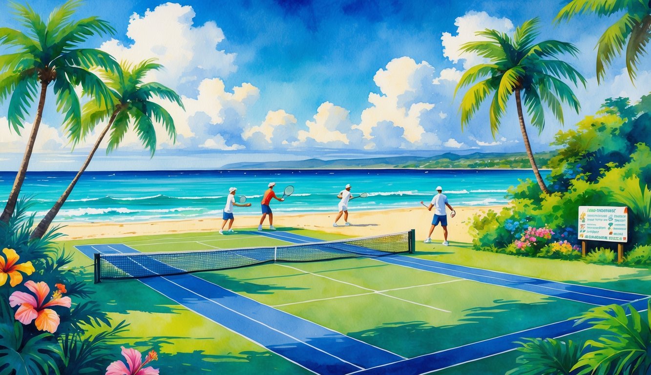 A tennis court near a beach in Hawaii with palm trees, flowers, ocean waves, and people playing tennis.
