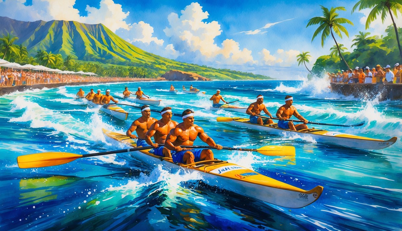 Several Hawaiian outrigger canoes race through blue ocean water with paddlers working together, tropical shoreline and cheering spectators in the background.
