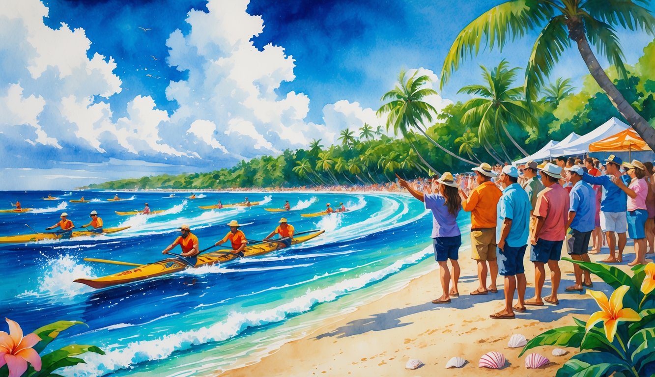 People watching a Hawaiian canoe race from a tropical beach with palm trees and clear blue water where canoes are racing.