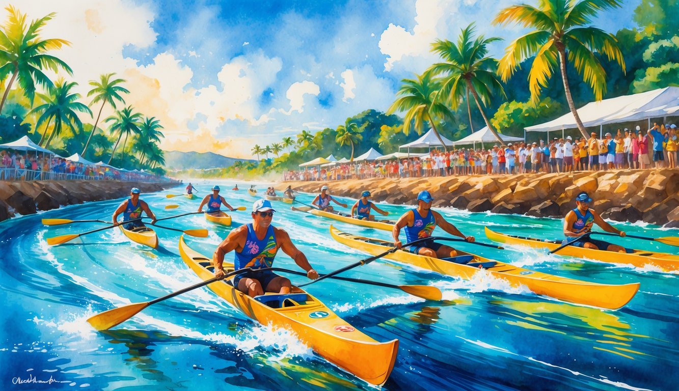 People paddling Hawaiian outrigger canoes in the ocean near a tropical shore with spectators watching from the beach.