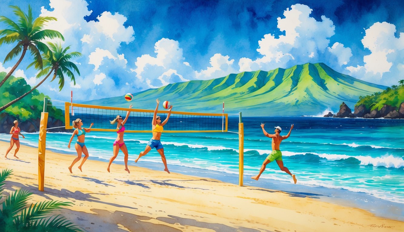 A sunny Hawaiian beach with people playing volleyball near the ocean, palm trees, and mountains in the background.