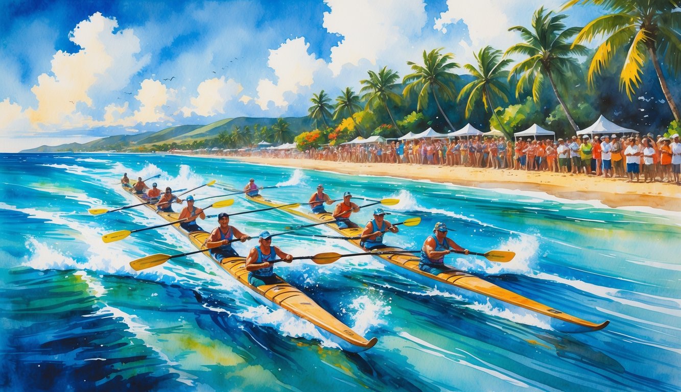 A group of Hawaiian outrigger canoes racing on the ocean with paddlers working together, spectators watching from a tropical shoreline with palm trees.