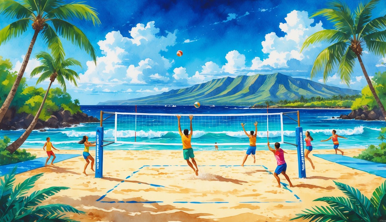 A sunny Hawaiian beach with people playing beach volleyball near palm trees, ocean waves, and distant mountains.