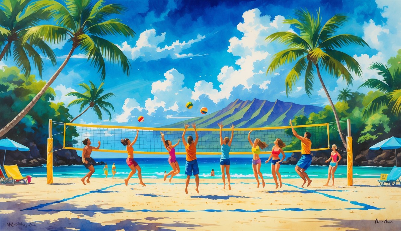 A sunny Maui beach with people playing volleyball on the sand, palm trees, ocean waves, and mountains in the distance.
