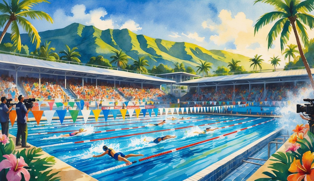 A swimming competition in Hawaii with swimmers racing in a pool, surrounded by spectators, palm trees, and mountains in the background.