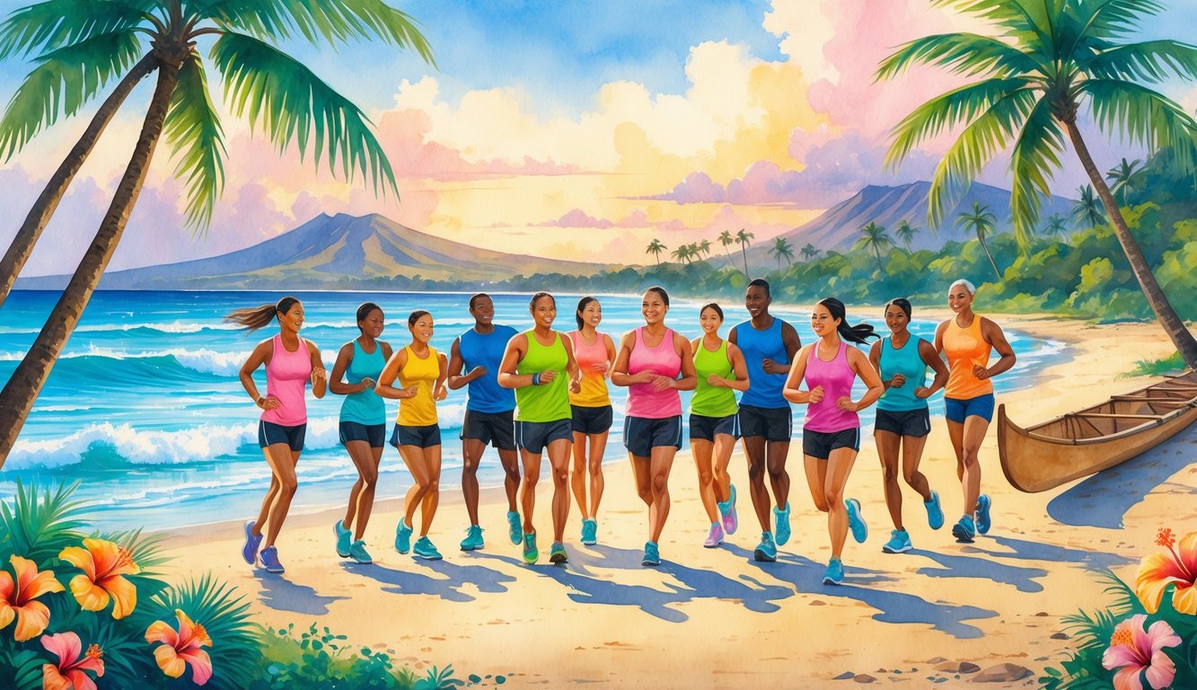 A group of runners gathering on a Hawaiian beach with palm trees, flowers, mountains, and ocean in the background.