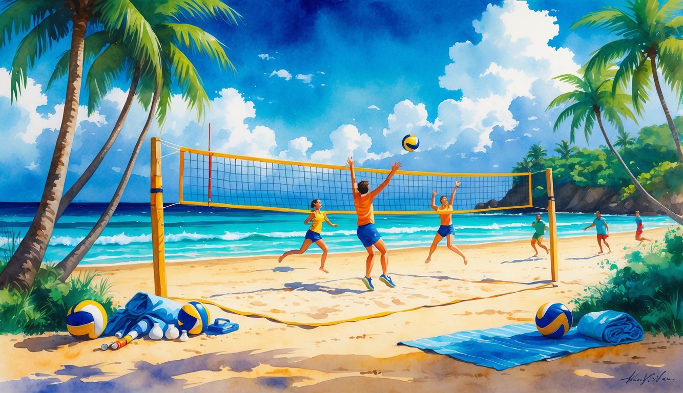A beach volleyball game taking place on a sunny Hawaiian beach with palm trees, ocean waves, and players actively playing on the sand.