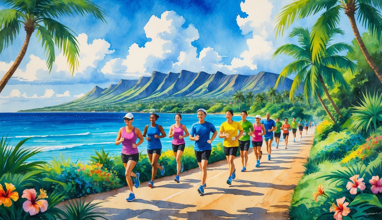A group of runners jogging along a tropical coastal trail with palm trees, flowers, ocean, and mountains in the background.