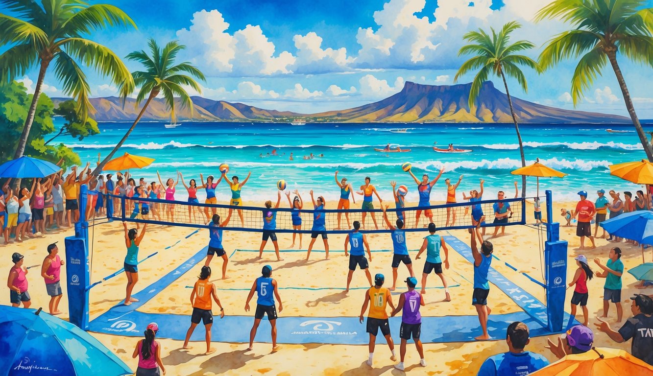 A beach volleyball game on a sandy shore with players, spectators, palm trees, ocean waves, and distant mountains in the background.