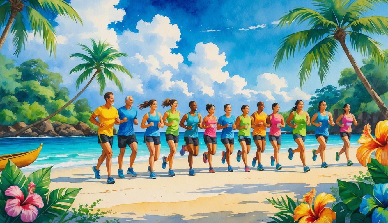 A group of runners gathering on a sunny Hawaiian beach with palm trees, ocean, and tropical flowers around them.