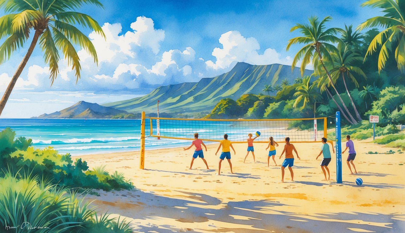 A group of people playing beach volleyball on a sunny Hawaiian beach with palm trees, ocean waves, and distant mountains in the background.