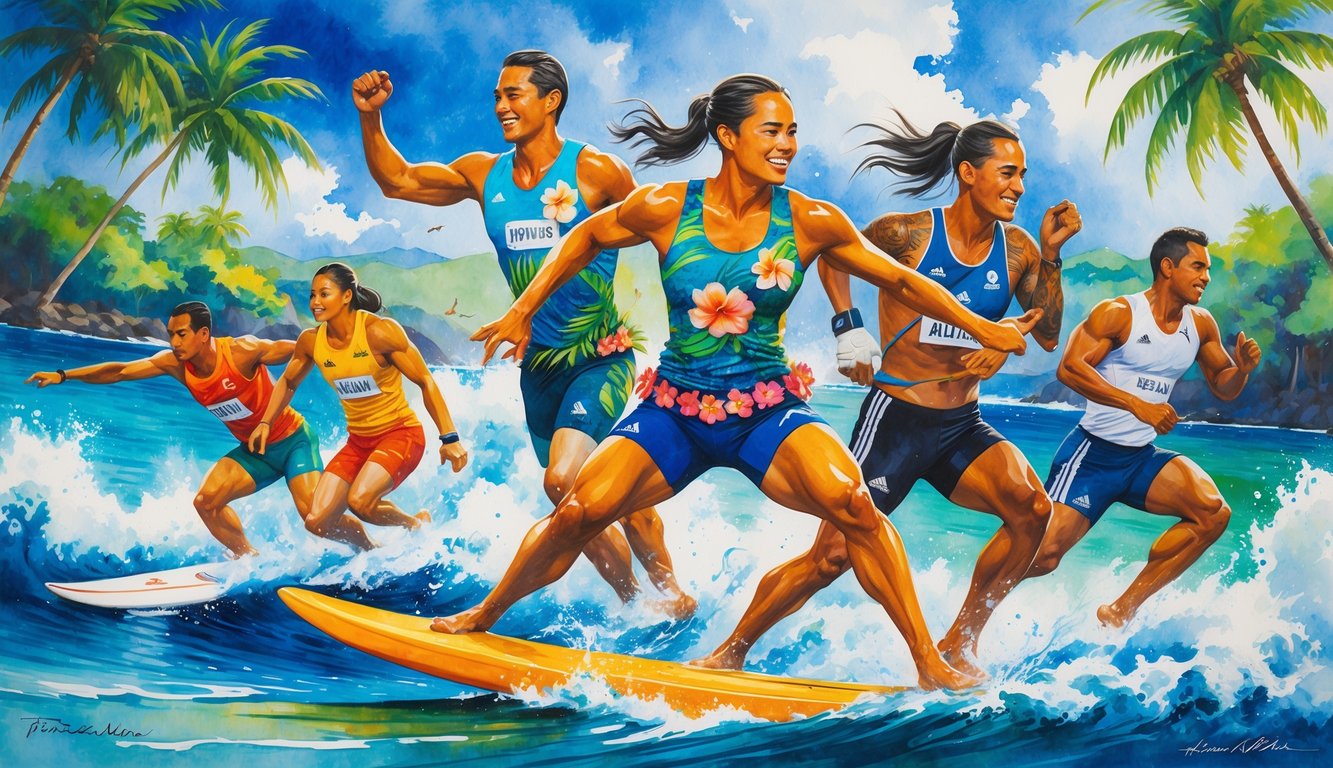A group of athletes competing in surfing, canoe paddling, volleyball, and running against a tropical Hawaiian landscape with palm trees and ocean waves.