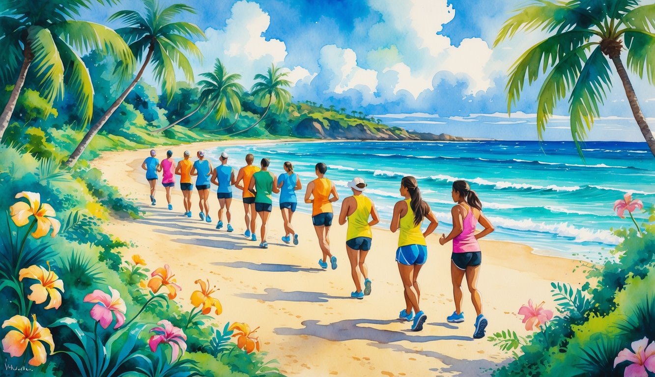 A group of runners gathering and jogging along a tropical beach with palm trees and ocean in the background.