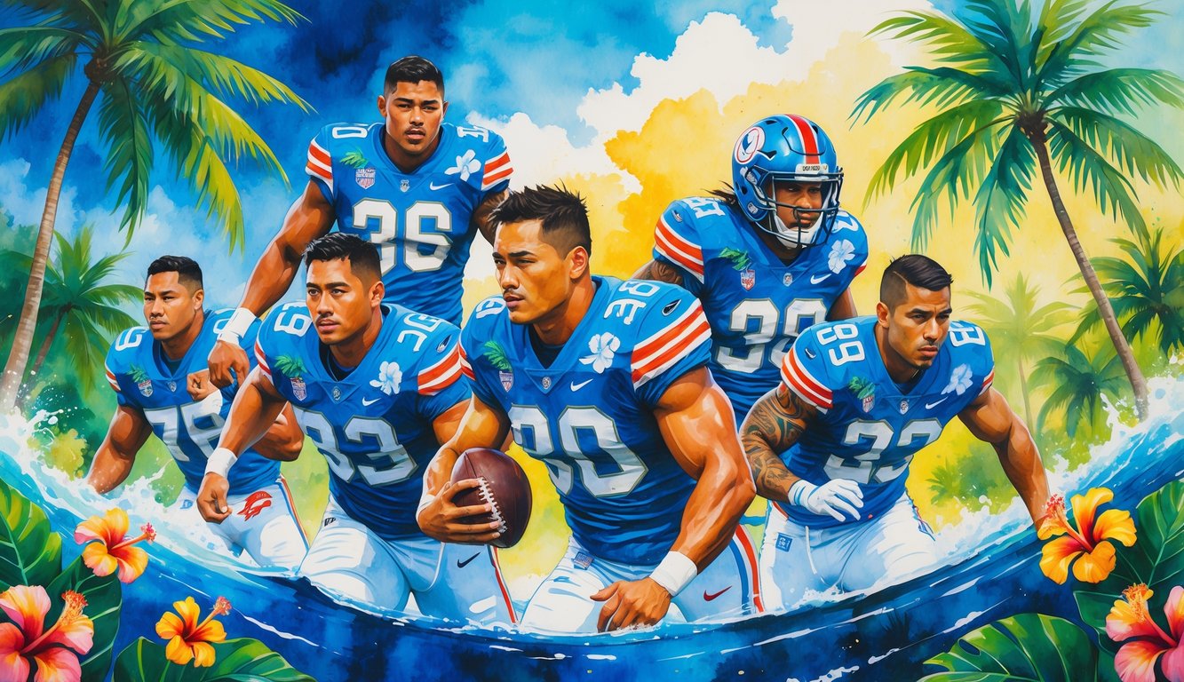 Several football players in action poses surrounded by tropical Hawaiian landscape with palm trees, flowers, and ocean waves.