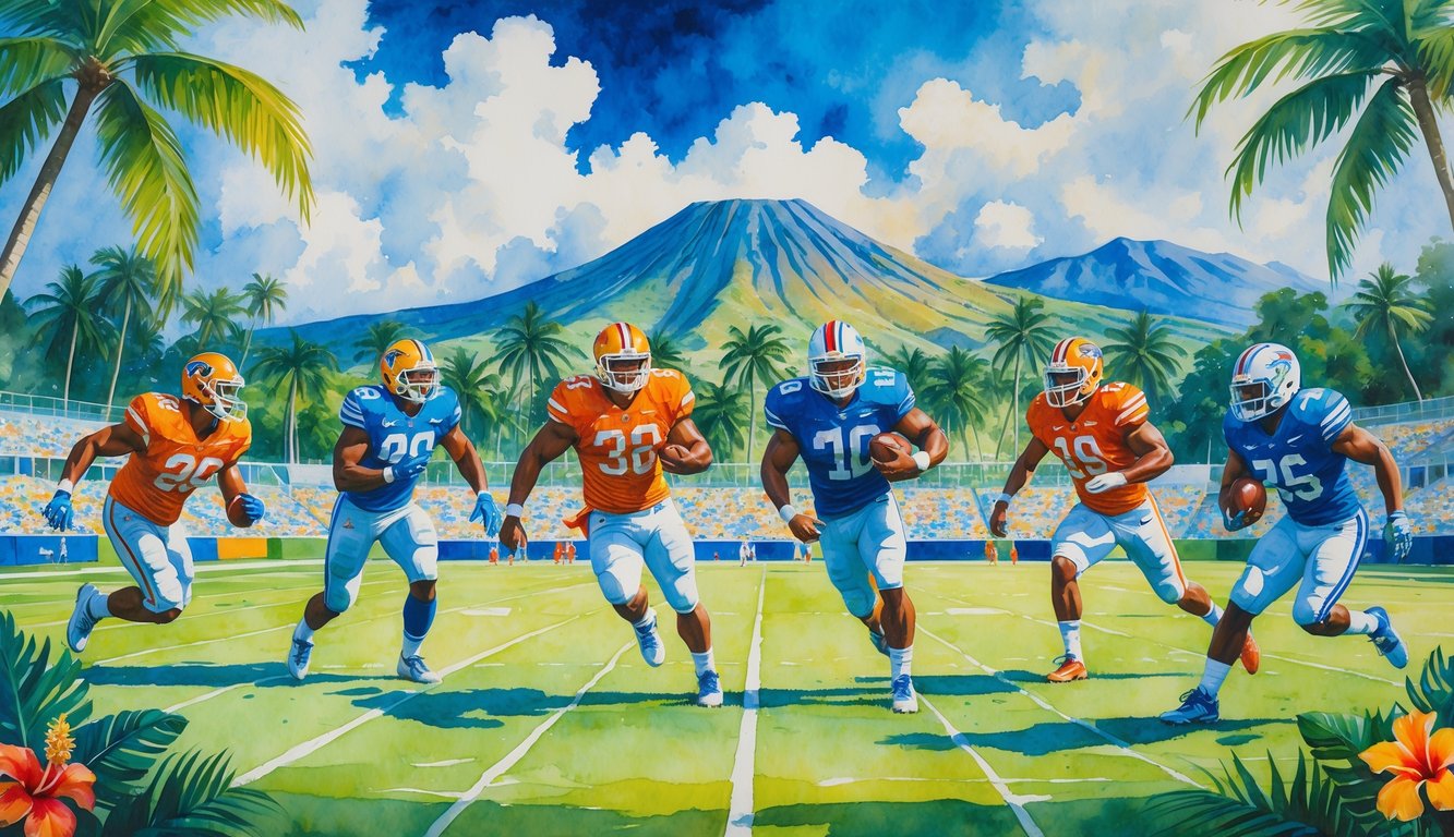 A group of football players in action on a tropical field with palm trees, mountains, and flowers in the background.
