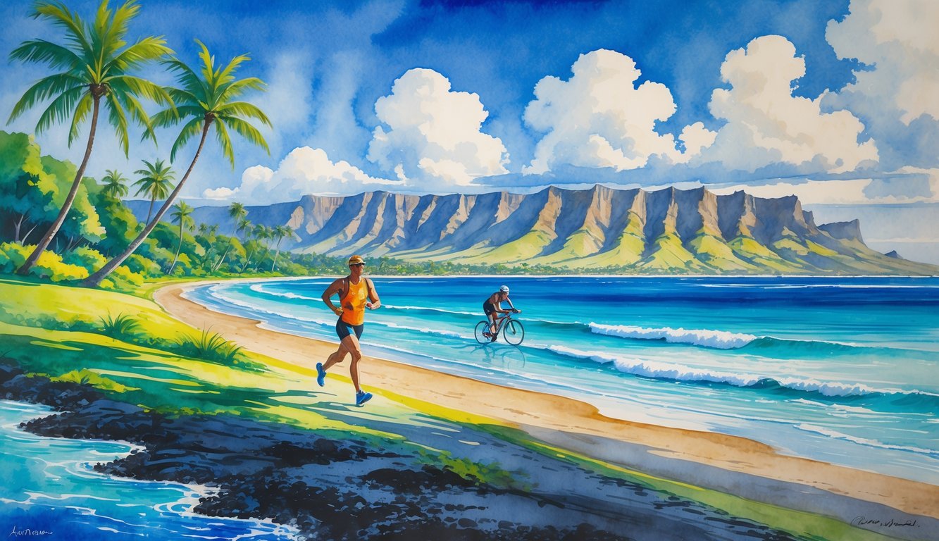 An athlete running and cycling along a coastal path in Hawaii with ocean, palm trees, and mountains in the background.