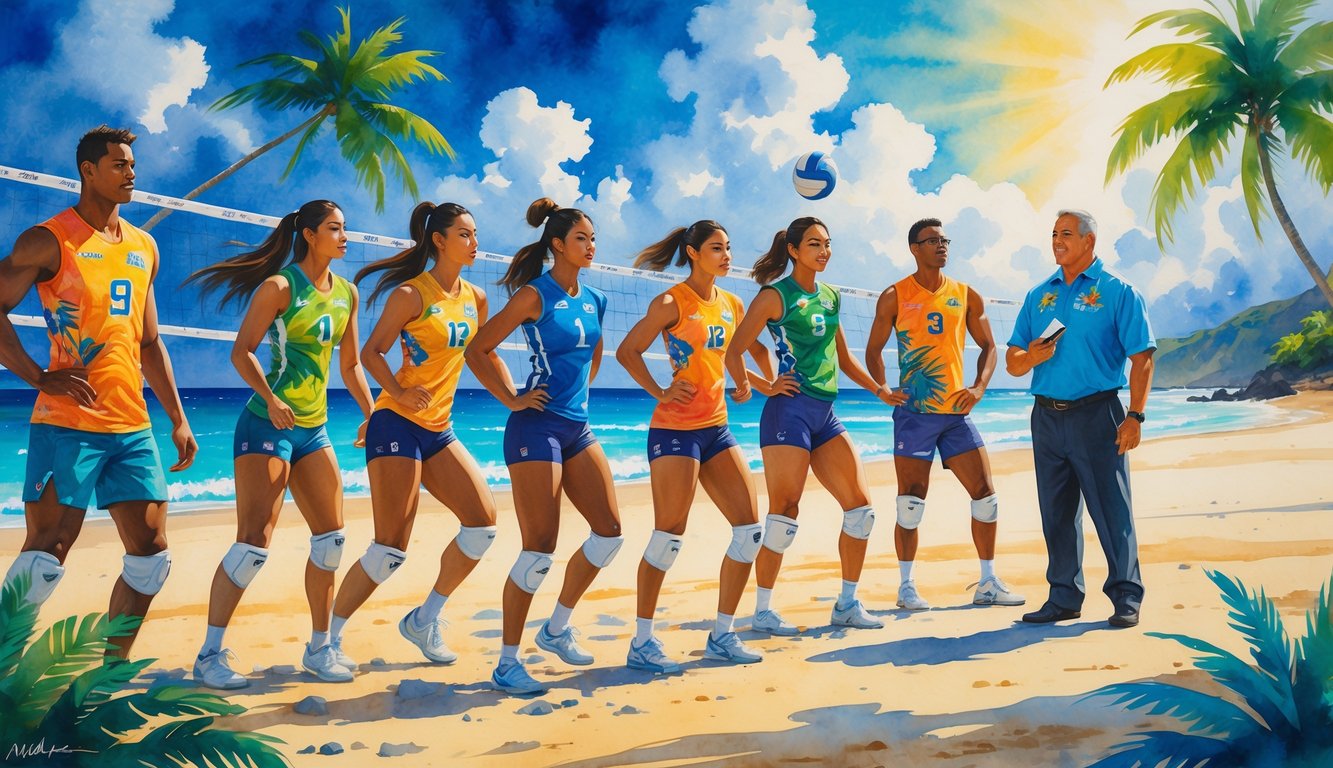 A group of Hawaiian volleyball players in action on a beach with a coach giving instructions, surrounded by palm trees and ocean waves.