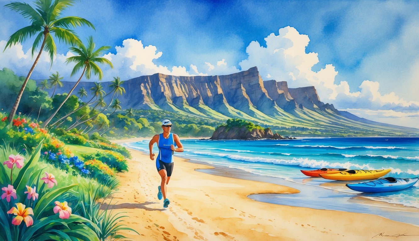 An athlete running along a beach trail with tropical plants, mountains in the background, and the ocean nearby.
