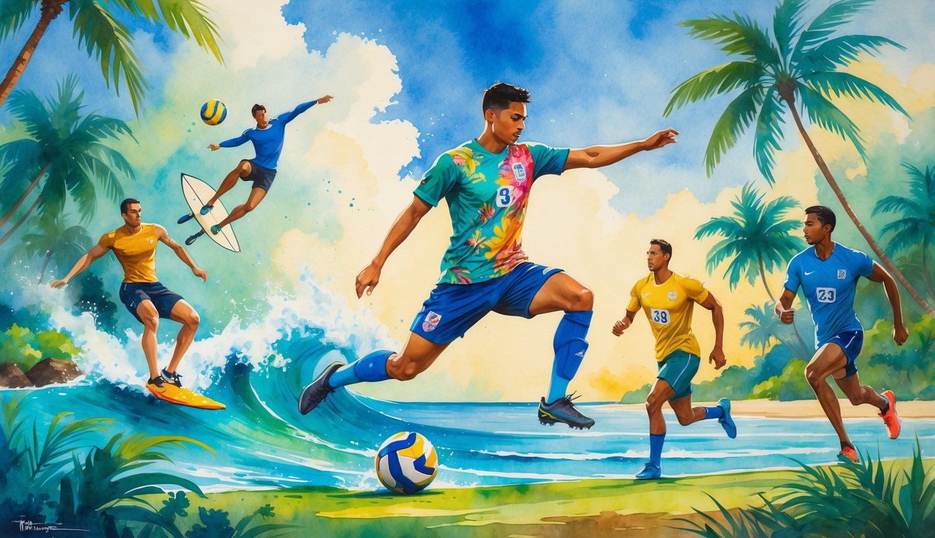 A group of athletes including a soccer player, surfer, volleyball player, and runner set against tropical trees and ocean scenery.