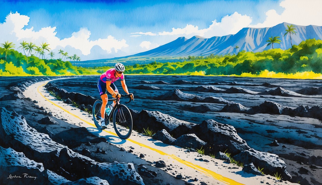 A cyclist rides through a vast lava field with volcanic mountains and tropical greenery in the background under a clear blue sky.