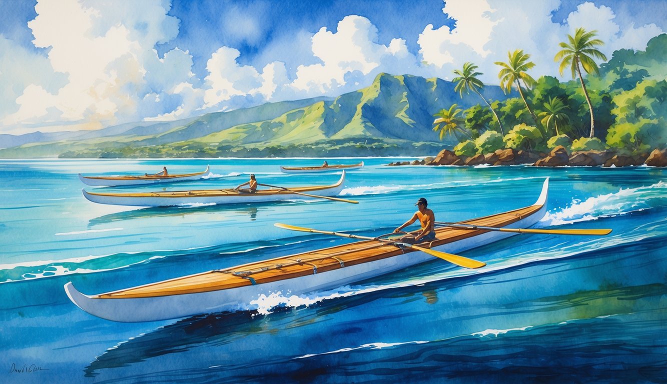 A scene showing modern and traditional outrigger canoes on the ocean near a tropical shoreline with palm trees and mountains.