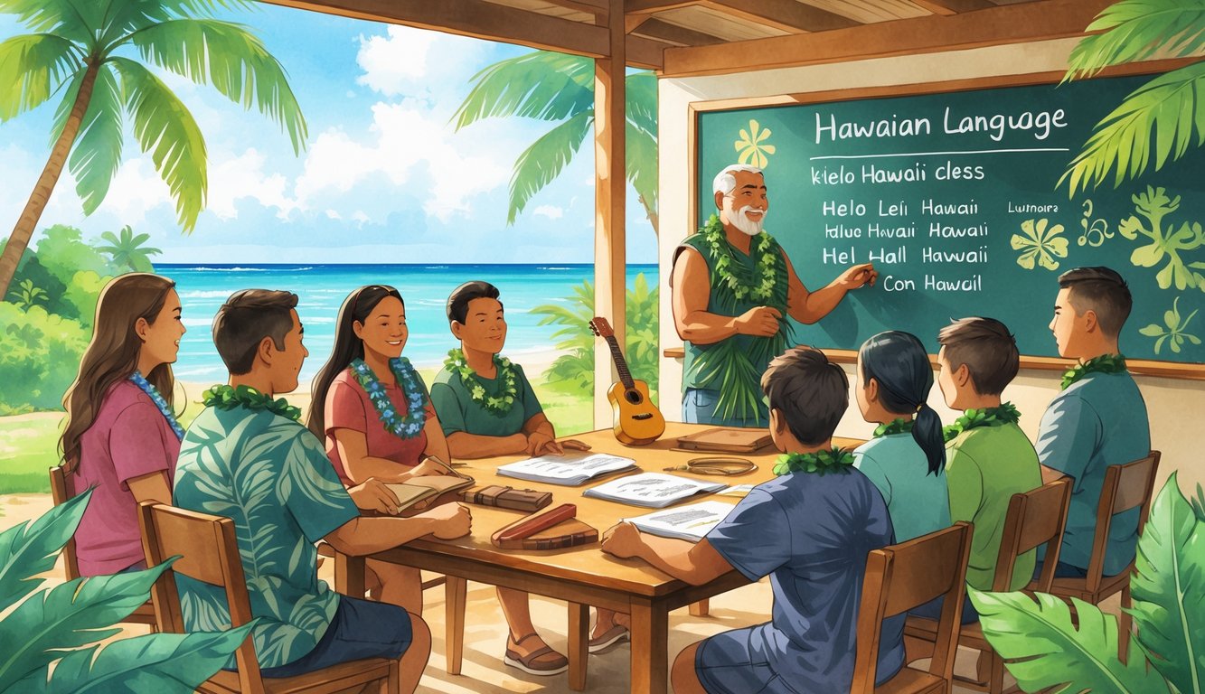 A group of people learning Hawaiian language in an open-air classroom surrounded by tropical plants and ocean view, with a teacher guiding them.