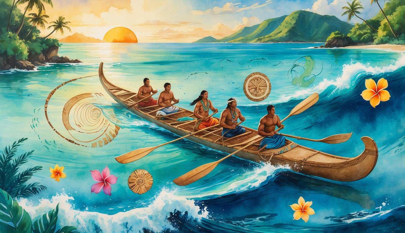 A traditional outrigger canoe with paddlers from various cultures on calm ocean waters near tropical islands at sunset.