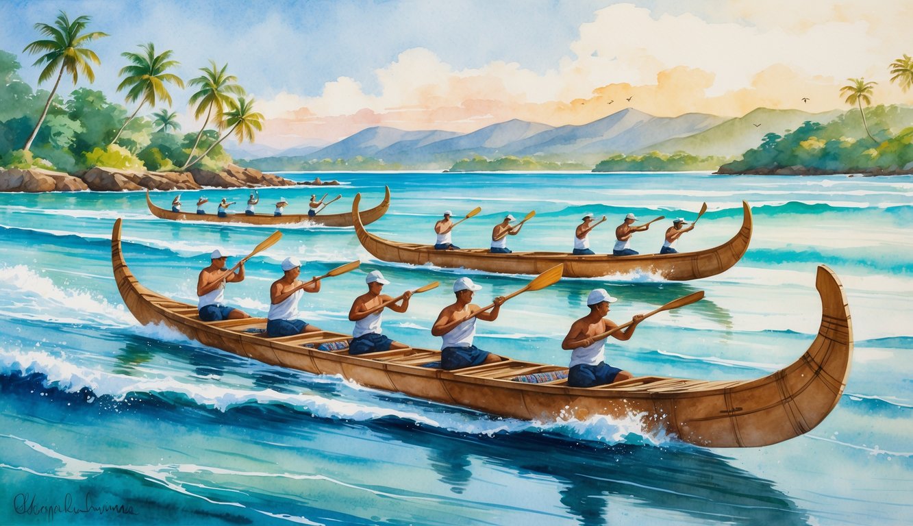 A peaceful ocean scene with traditional outrigger canoes and paddlers near a tropical shoreline with palm trees and mountains.