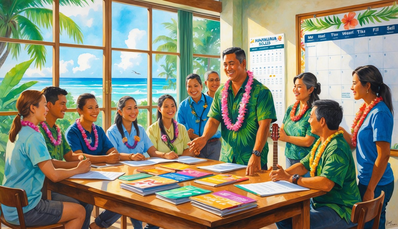 A group of people gathered around a table in a bright room with tropical plants outside, being assisted by an instructor while signing up for a class.