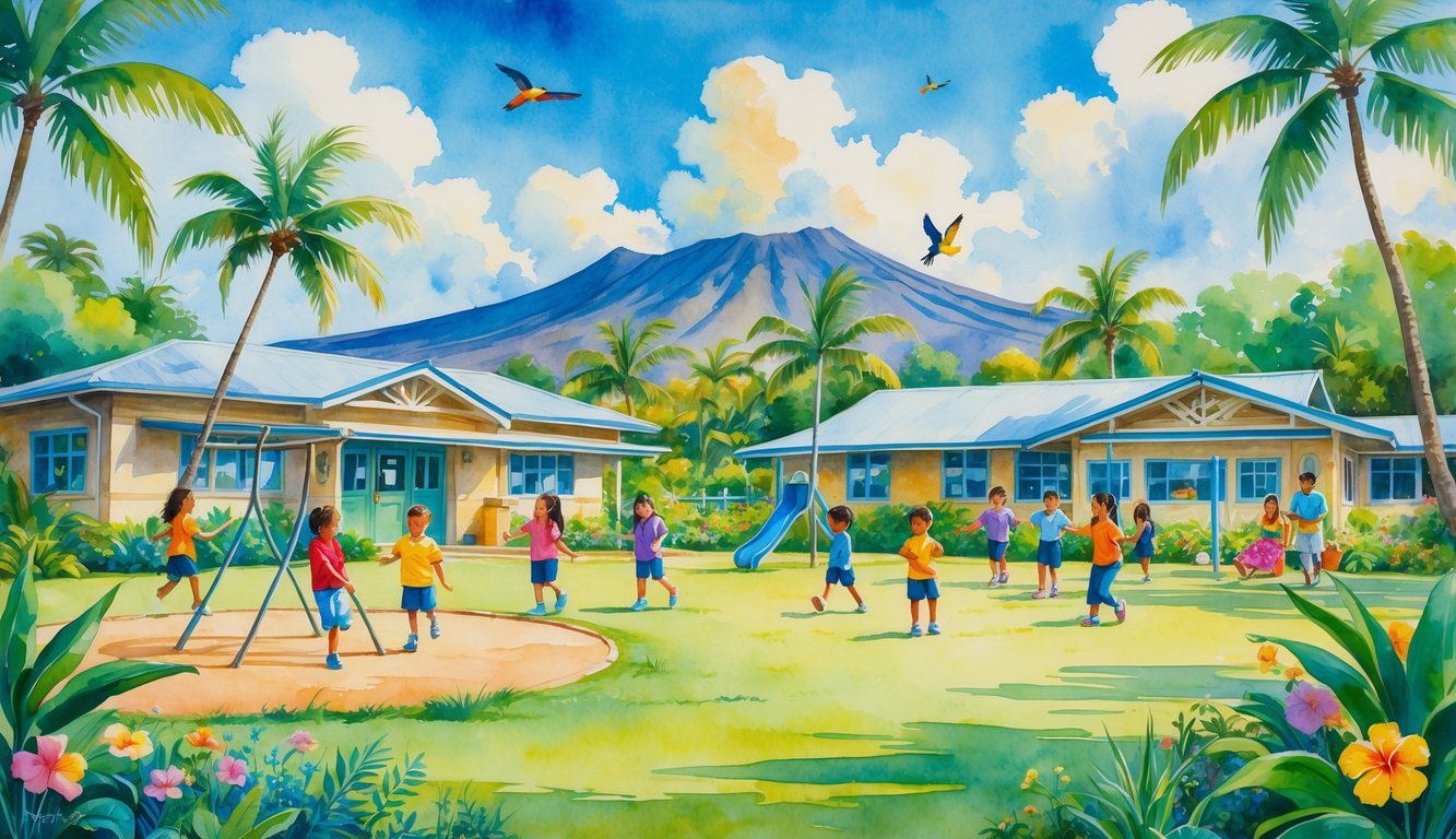 A school surrounded by tropical plants and palm trees, with children playing outside and mountains in the background.