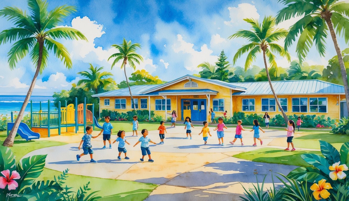 A colorful school building surrounded by tropical plants and children playing outside near the ocean.