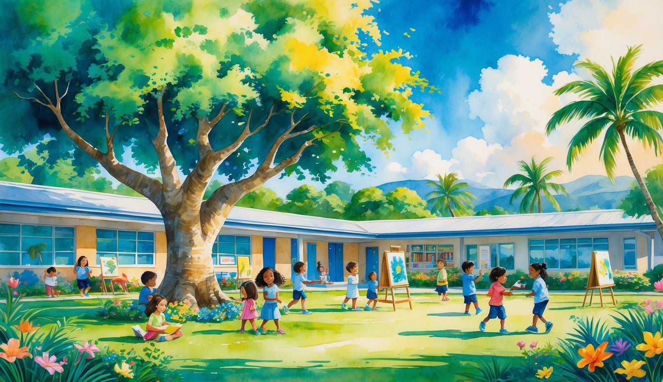 Children playing and learning outdoors at a tropical elementary school surrounded by palm trees and flowers with mountains in the background.