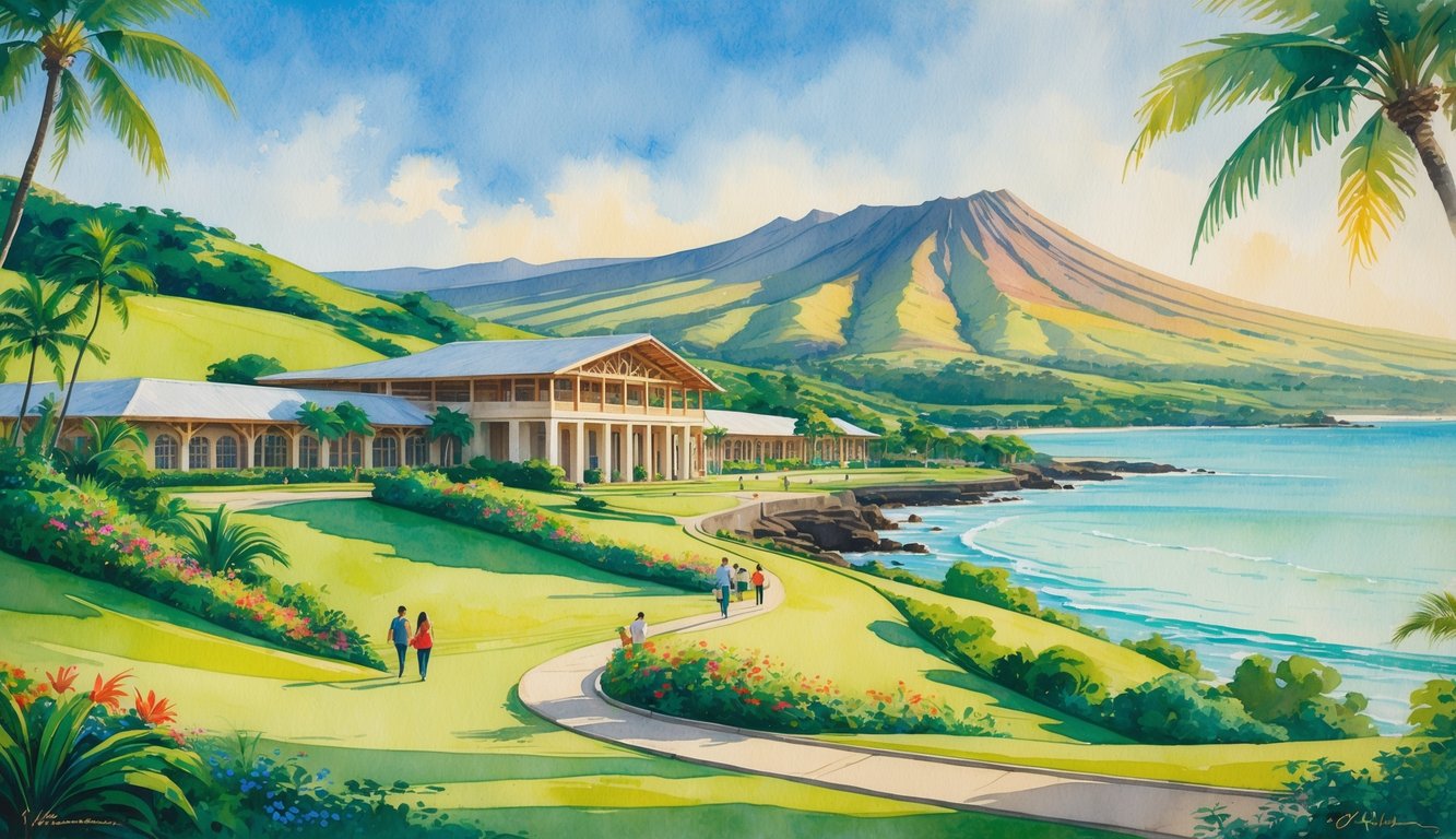 A peaceful Hawaiian landscape showing a hillside with tropical plants, an academic building, students walking on paths, ocean bay, and a distant volcanic mountain.