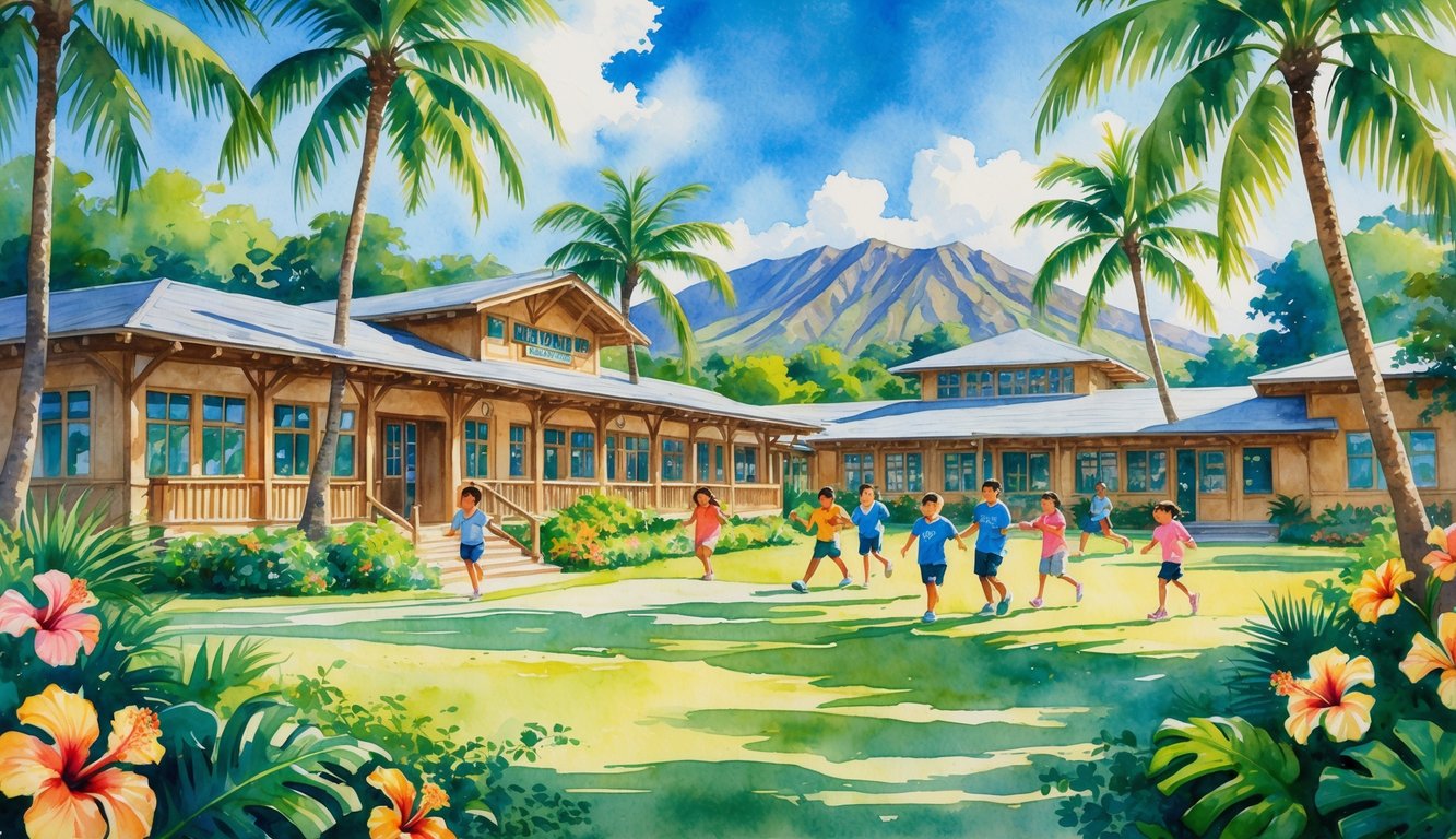 A Hawaiian school campus surrounded by palm trees and flowers with children playing outside under a clear sky and mountains in the background.