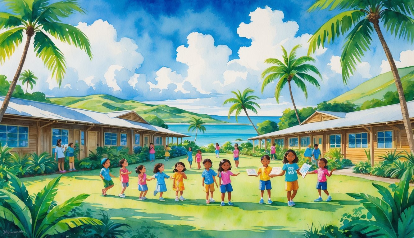 Children learning and playing outdoors on a green school campus surrounded by tropical plants, hills, and ocean in Hawaii.