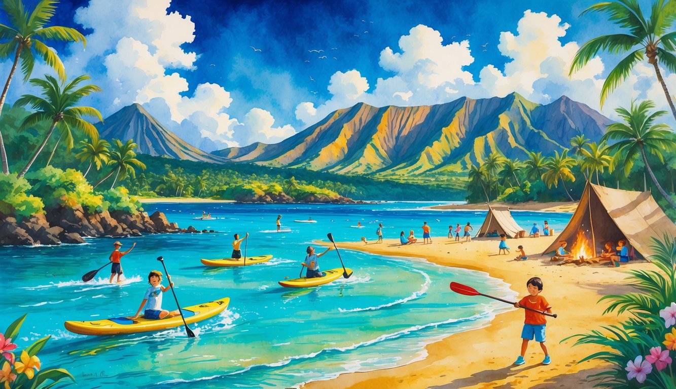 Children enjoying outdoor activities at a beach and forest near mountains and ocean in Hawaii.
