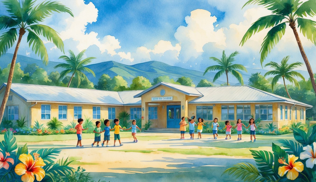 A tropical school campus with children playing outside surrounded by palm trees, flowers, and mountains in the distance.