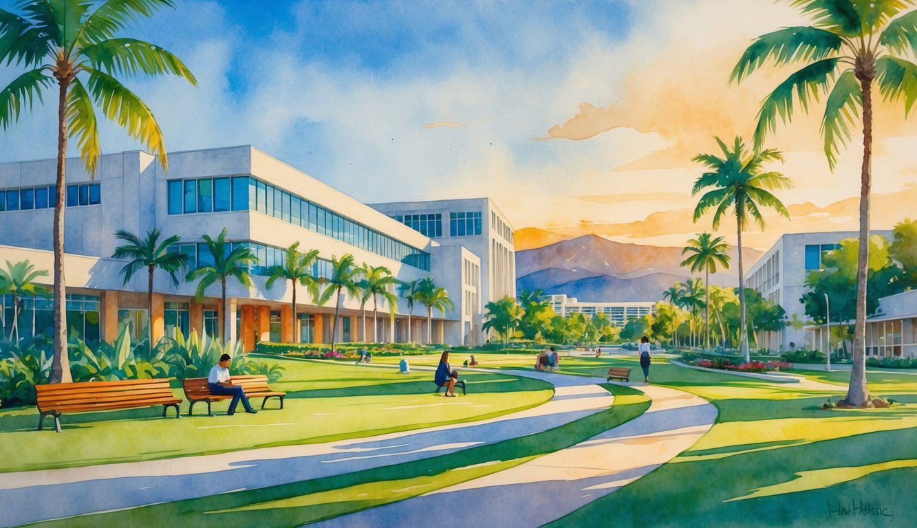 A university campus with modern buildings, palm trees, green lawns, and students walking and sitting outdoors with mountains in the background.