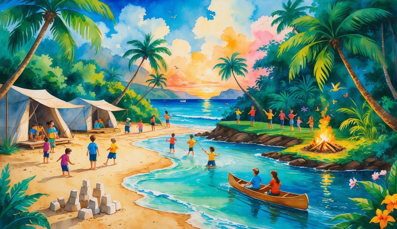 Children enjoying various summer camp activities on a Hawaiian beach, around a campfire, hiking in a jungle, and canoeing on a lagoon under a bright sky.