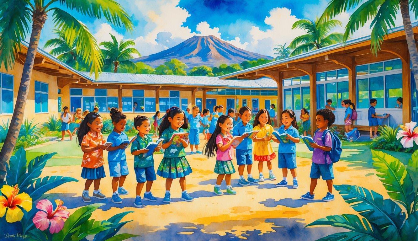 Children of different ethnicities playing and learning together outdoors in a tropical Hawaiian schoolyard surrounded by palm trees and flowers.