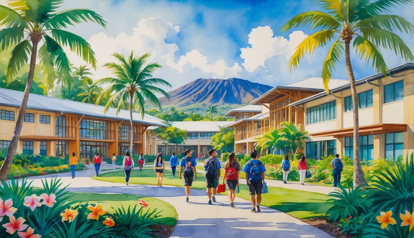 A peaceful university campus in Hawaii with tropical plants, students walking on paths, and buildings surrounded by mountains and blue sky.