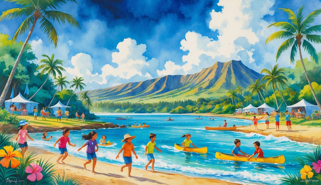 Children enjoying summer camp activities on a beach with palm trees, ocean waves, and mountains in the background.