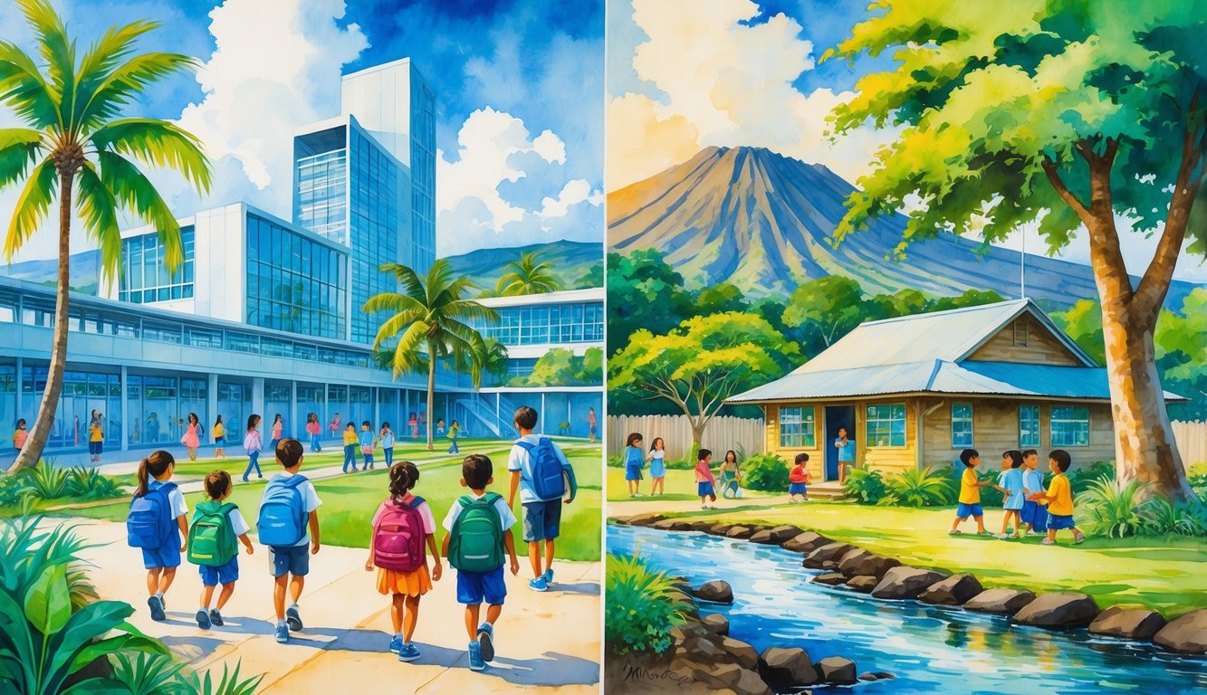 Children learning and playing near school buildings in a Hawaiian city and a rural countryside with mountains and tropical plants.