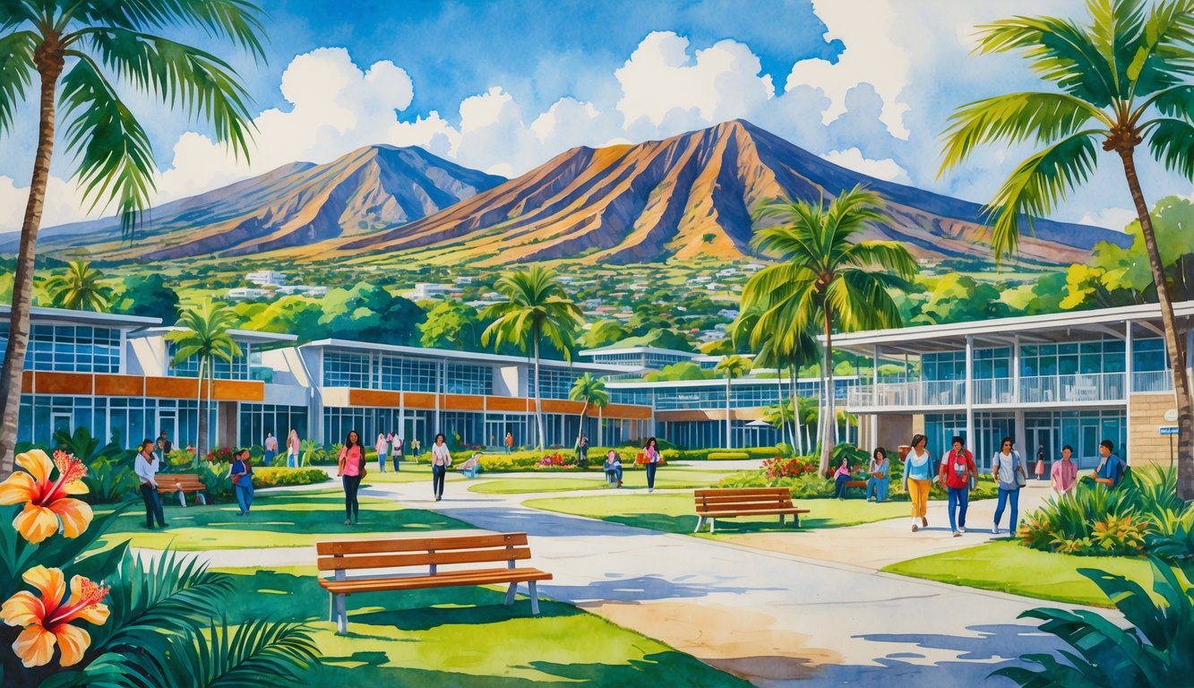 A peaceful Hawaiian island scene with community college campuses surrounded by tropical plants, mountains, ocean, and students walking and studying outdoors.