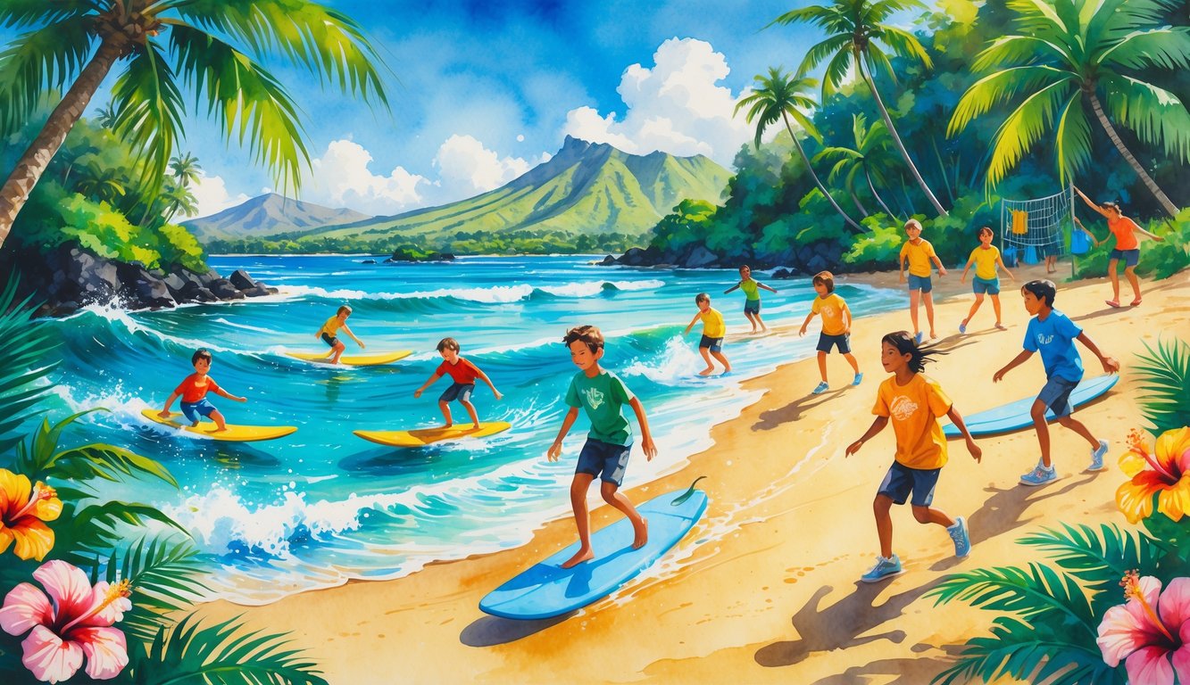 Children enjoying outdoor activities like surfing, hiking, and playing volleyball on a sunny beach with palm trees and mountains in the background.