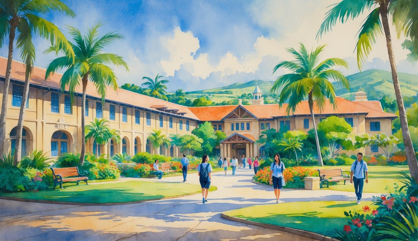 A peaceful university campus in Hawaii with tropical trees, academic buildings, hills, and students walking and sitting outdoors.
