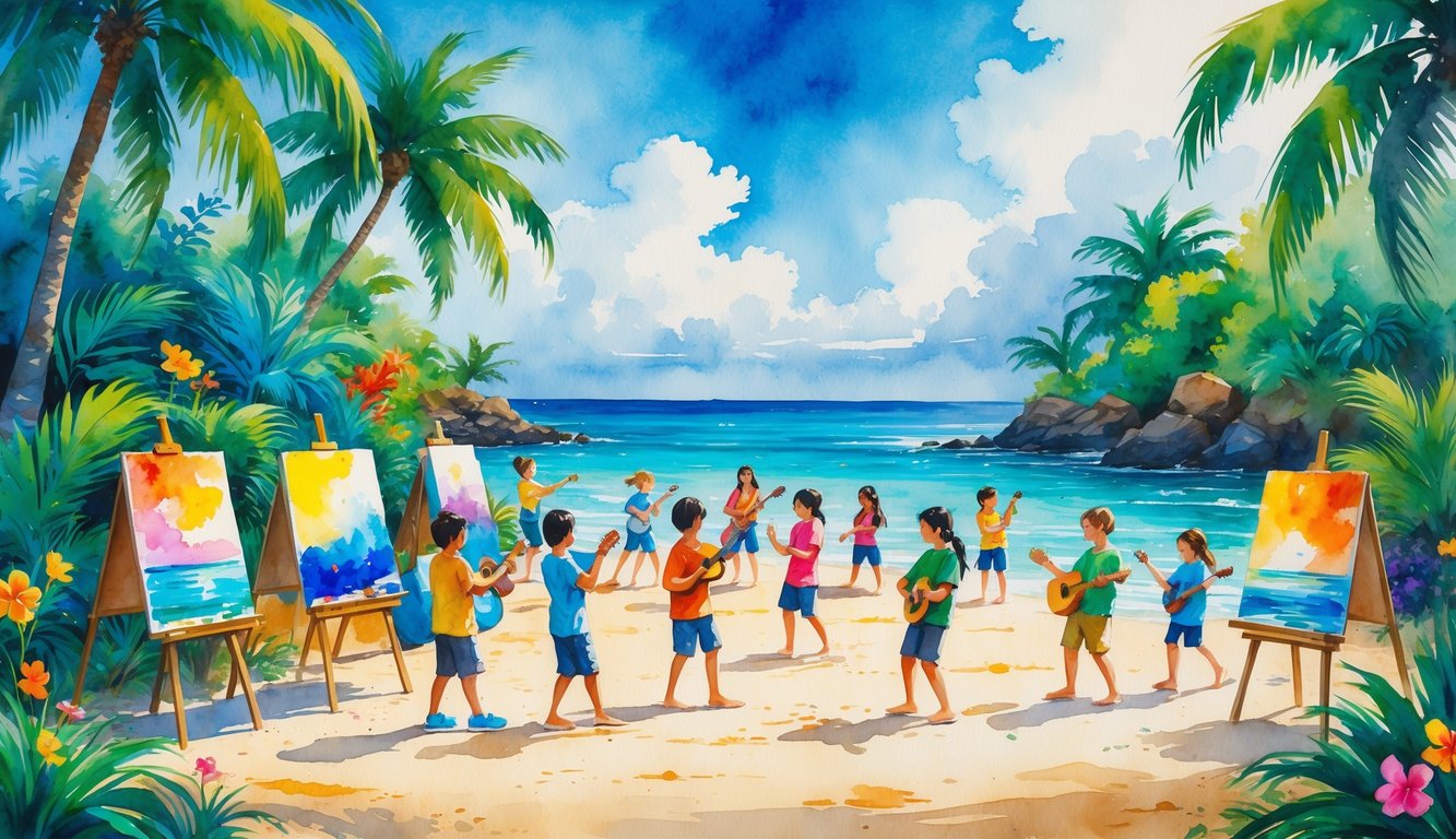 Children and teens enjoying artistic activities like painting, playing instruments, and dancing on a beach surrounded by palm trees and tropical plants with the ocean in the background.