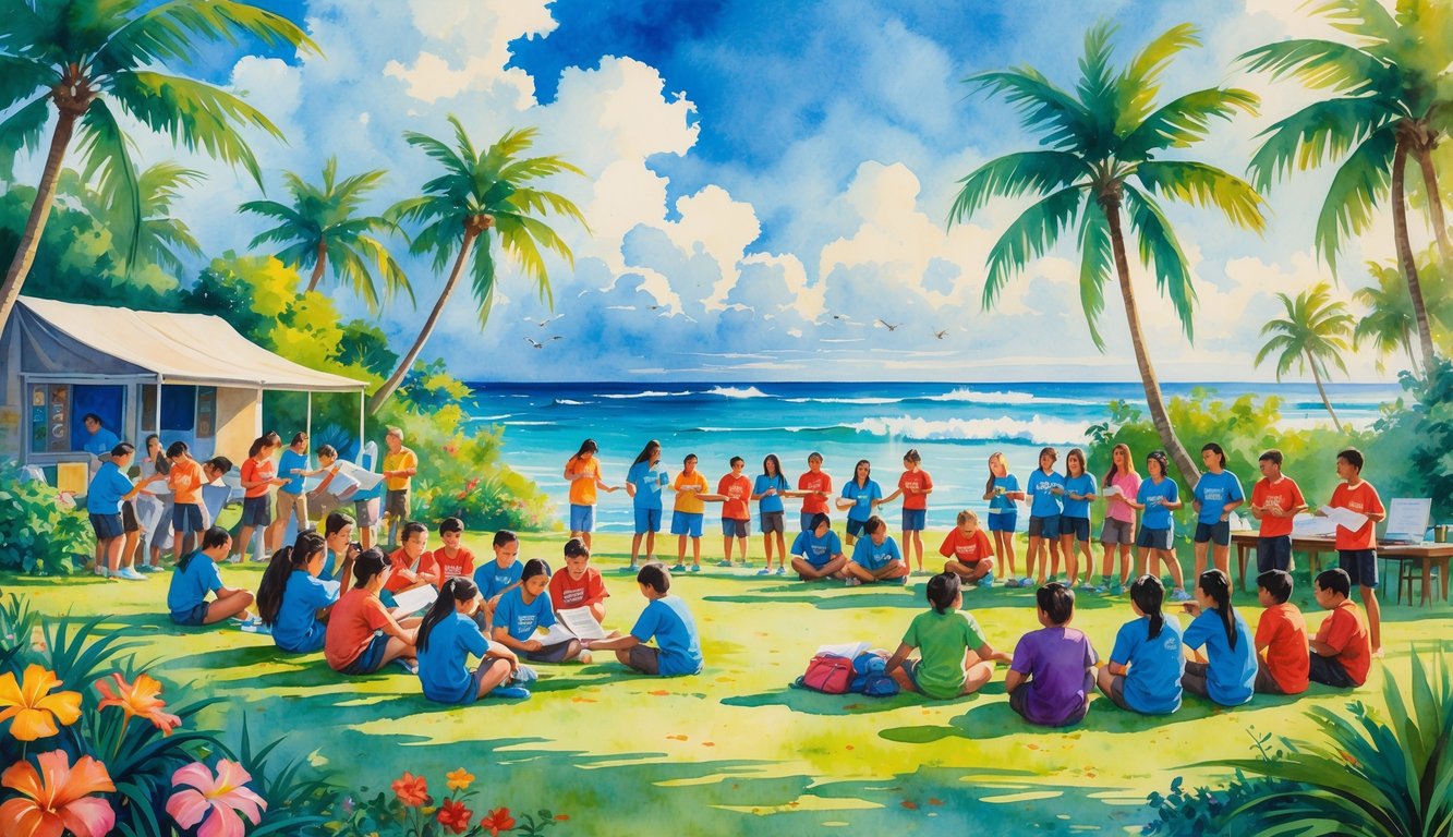 Young students and a camp instructor engaging in outdoor learning and leadership activities near palm trees and the ocean on a sunny day.