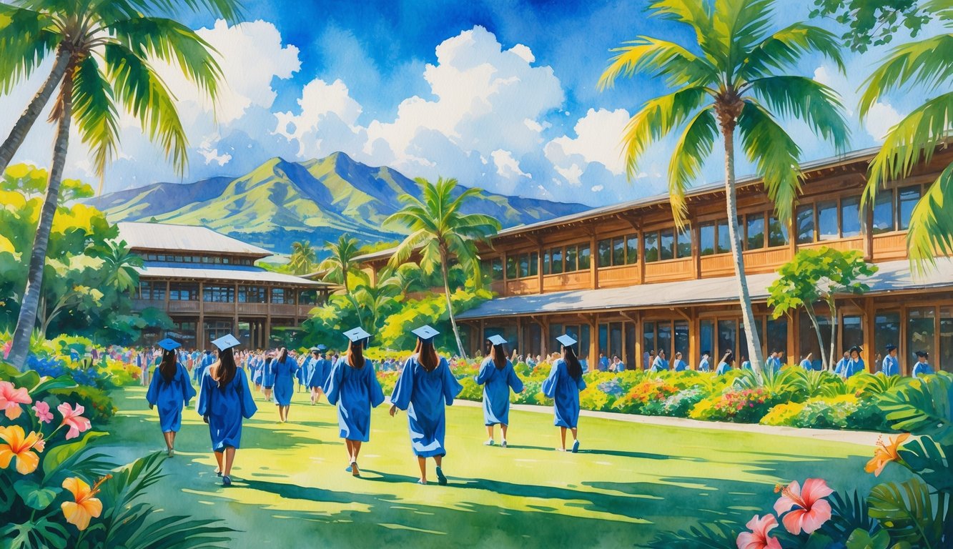 Students in caps and gowns celebrating graduation on a university campus surrounded by palm trees, mountains, and tropical flowers in Hawaii.